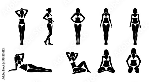 Bikini woman silhouette collection, set of 9 female figures in swimwear, black and white vector icons for summer beach fashion and fitness