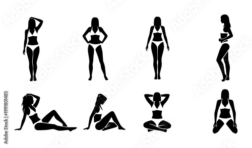 Bikini woman silhouette collection, 8 female figures in swimwear vector set, black beach girl body shapes for summer fashion design