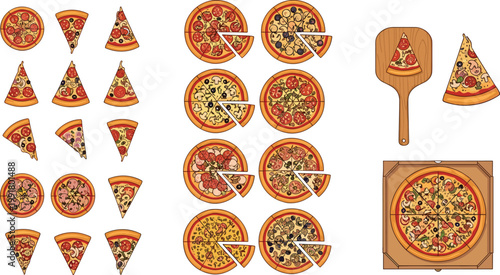 Vector Set of Delicious Pizzas with Slices, Toppings, and Pizza Cutter for Food, Restaurant, and Culinary Designs