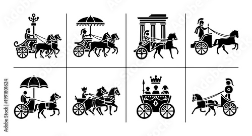 Ancient Roman chariot and horse carriage icons, set of 8 black silhouette vector illustrations, antique Greek gladiator and royalty transport elements