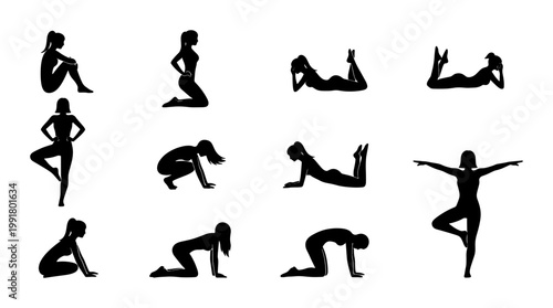 Yoga silhouettes collection, 12 female fitness poses in black vector icons, woman stretching and exercising set, pilates and wellness workout graphics
