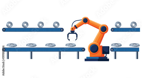 A vibrant orange industrial robotic arm with a precise claw gripper operates efficiently between multiple blue conveyor belts carrying circular metallic components in a factory.