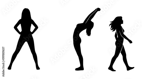 Fitness woman silhouette set, female athlete stretching and walking poses, black vector icons of girl exercising and doing yoga on white background