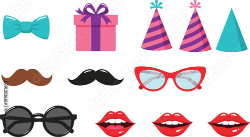 Vector Set of Party and Celebration Icons Including Gift Box, Party Hats, Glasses, Moustache, and Lips for Event, Fun, and Celebration Designs