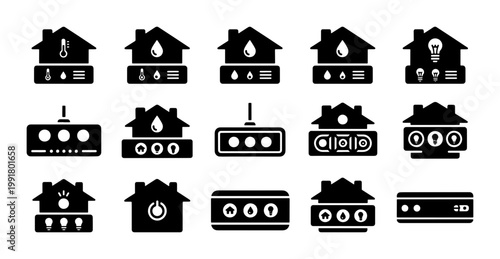 Smart home automation icons, 15 black vector elements for house monitoring, intelligent home control system symbols for mobile apps and web design