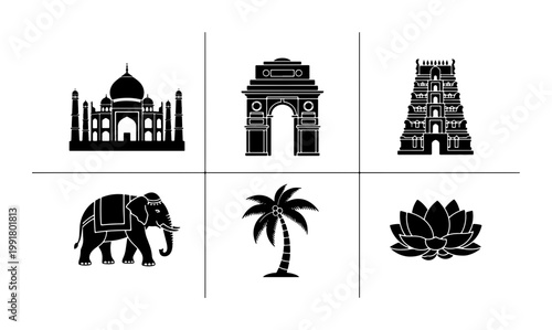 Indian cultural icons set, black silhouette landmarks and symbols vector, traditional architecture and nature elements for travel design