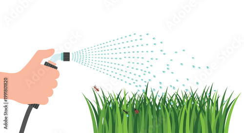 A steady human hand carefully sprays a fine mist of water over lush green grass blades where tiny insects crawl under bright and natural daylight.