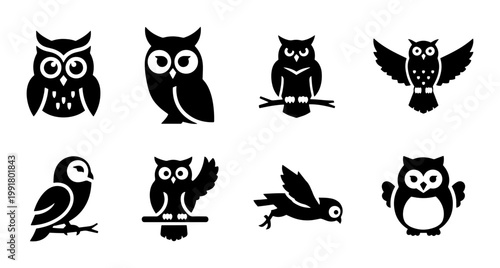 Minimalist owl silhouette icons, set of 8 black bird vector graphics, stylized nocturnal forest animal symbols for logo design and branding