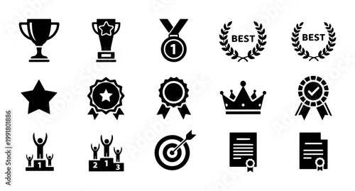 Achievement and award icon set, 15 black trophy and medal vector symbols, success and competition reward elements for business and sports