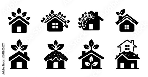 Eco friendly house icons set, green home silhouettes with leaves, sustainable building vector collection, 8 organic architecture symbols for real estate