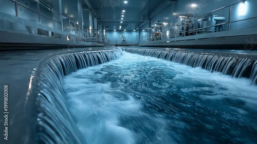 Clear water flowing through filtration systems and tanks at an industrial water treatment plant