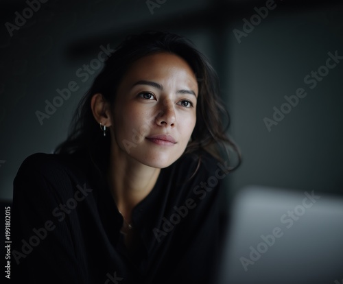 asian business woman working on laptop in modern office portrait