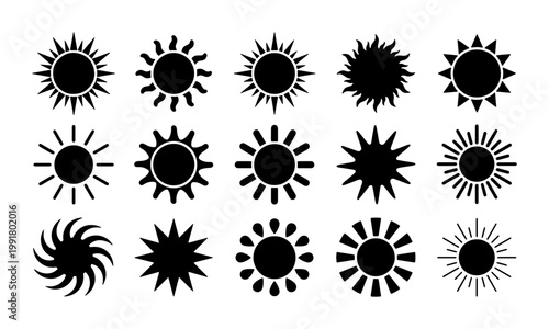 Minimalist sun icon set, 15 black vector sunburst symbols, geometric solar shapes for weather forecasting and summer branding, flat celestial silhouettes