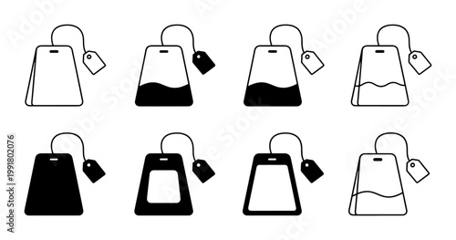 Minimalist tea bag icon set, black and white vector tea bag collection, 8 linear and solid tea infusion symbols for cafe menu and beverage packaging