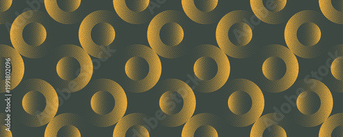 Vector abstract wide panoramic background with classic yellow green circle grid. Halftone golden colour shading and grainy texture create neat posh decorative modern pattern for textile