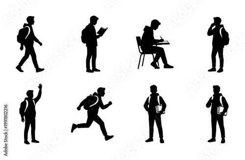 Student silhouette collection, 8 black vector figures of teenagers with backpacks, school pupils studying and walking, university youth silhouettes