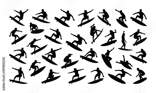 Surfing silhouette collection of 28 surfers on boards, black vector surfer icons on white background, extreme water sports athlete figures for summer design