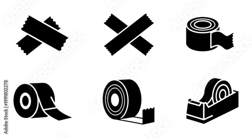 Adhesive tape vector icons set, black duct tape strips and rolls collection, sticky masking tape dispenser and packaging supplies for shipping