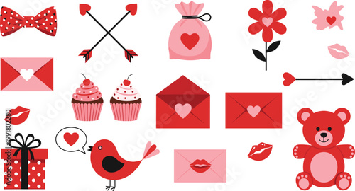 Vector Set of Valentine’s Day Icons Including Hearts, Cupcakes, Gifts, Flowers, and Love Messages for Romantic, Holiday, and Celebration Designs