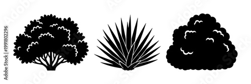 Black silhouette bush and shrub vector set, minimalist garden plant icons, 3 nature landscape elements for architectural site plans and landscaping design