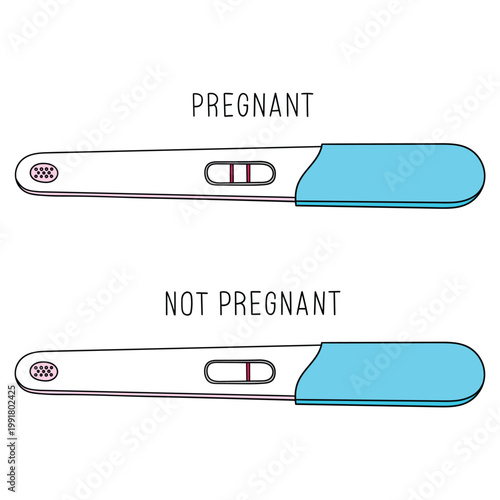 Hand-drawn cartoon set of pregnancy tests with positive and negative results on a white background.