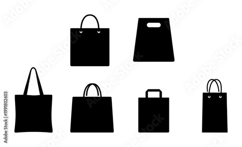 Shopping bag silhouette icons set, black paper and fabric tote bag vector collection, 6 retail packaging elements for commerce and fashion marketing