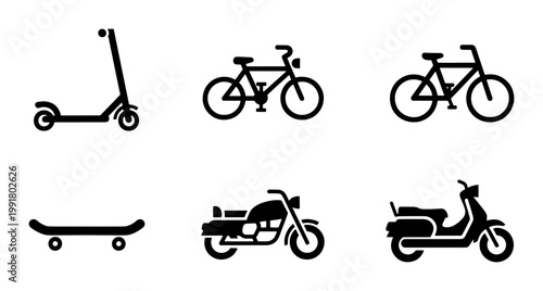 Minimalist urban transport icons set, black silhouette bicycle and scooter vector graphics, modern city mobility symbols for maps and apps