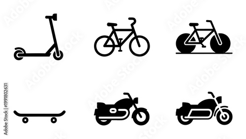 Minimalist transportation icons set, black silhouette vehicle symbols including bicycle and motorcycle, 6 vector elements for urban mobility and travel