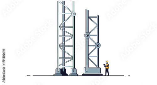 A professional construction engineer wearing a safety helmet and high-visibility vest inspects massive industrial steel scaffolding towers in a site.