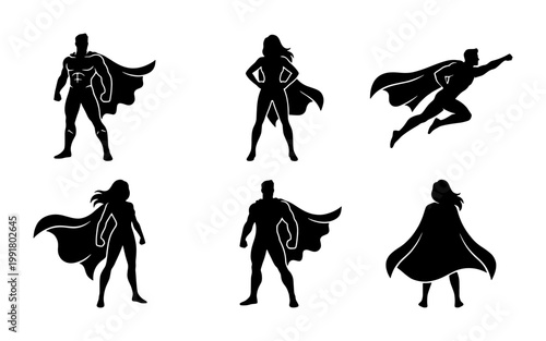 Superhero silhouette collection, set of 6 male and female heroes in capes, powerful comic book character vector icons for business leadership and strength