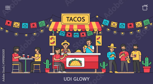 Illustration of people gathered around a vibrant taco stand with colorful decorations and a festive atmosphere at night.