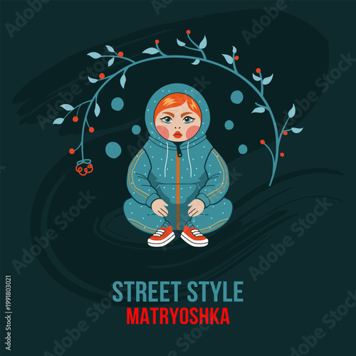 Street Style Matryoshka Illustration. Cute Nesting Doll in Blue Tracksuit under Decorative Branch