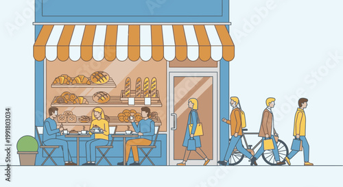 Illustration of people sitting and walking outside a bakery with striped awning and outdoor seating area in a modern urban setting.