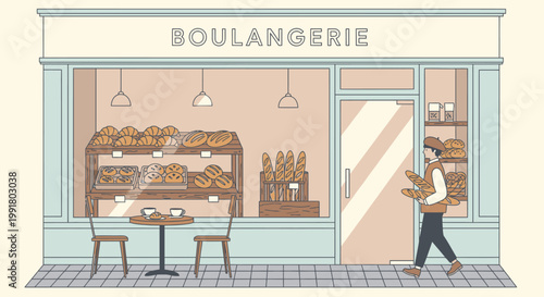 Illustration of a man walking past a charming French bakery with a display of bread and pastries in the window, on a sidewalk with outdoor seating.