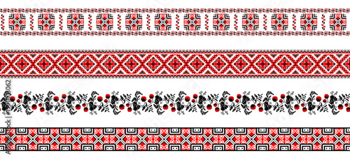 Vector seamless Ukrainian ornament in ethnic floral style pack. Use for print, background, backdrop. Red and black style isolated on trasparent background. Identity, vyshyvanka, embroidery stiches
