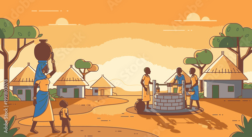 Illustration of a woman and child walking past people building a well in a village with thatched huts and trees under a warm orange sky.