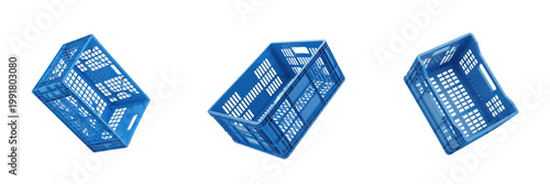 A blue plastic crate isolated on white background high resolution for logistics and shipping and industrial warehouse storage and waste management and home organization design concepts assets.