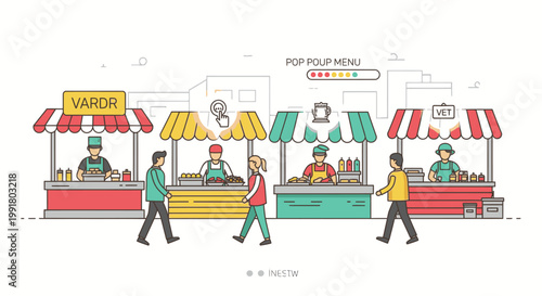 Illustration of people walking past colorful food stalls with striped awnings and various food items on display in a lively outdoor setting.