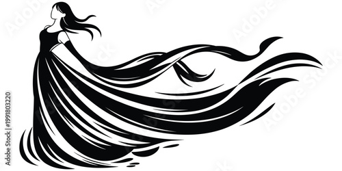 Stylized gown fashion illustration, elegant dress artwork, flowing design vector, abstract motion composition, creative fashion character illustration
