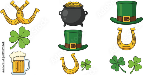 Vector Set of St. Patrick's Day Icons Including Horseshoes, Shamrocks, Beer, and Leprechaun Hats for Holiday, Celebration, and Luck Designs
