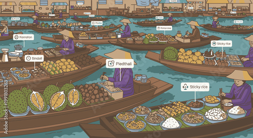 Illustration of a floating market with vendors selling various fruits and goods on boats in a canal with a bustling atmosphere.
