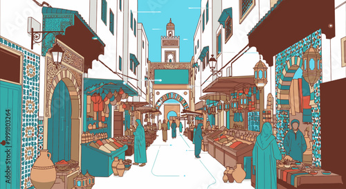 Vibrant illustration of a bustling marketplace alleyway with colorful buildings and stalls in a warm, sunny setting.