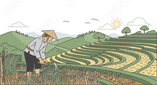 Illustration of a farmer working in a rice field with a traditional hat and tool, surrounded by lush green hills and a sunny sky.