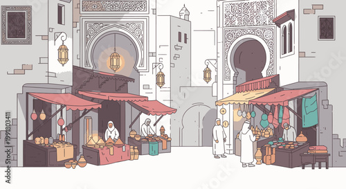Illustration of a vibrant marketplace scene with vendors and colorful stalls in front of a traditional Moroccan building with arches and lanterns.