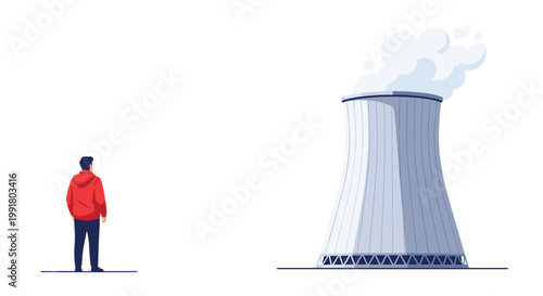 A lone man wearing a bright red hoodie gazes toward a massive concrete cooling tower releasing thick white steam into the air on a clear bright day.