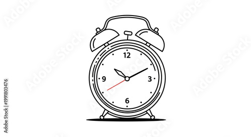 Vintage alarm clock, outline drawing, white background