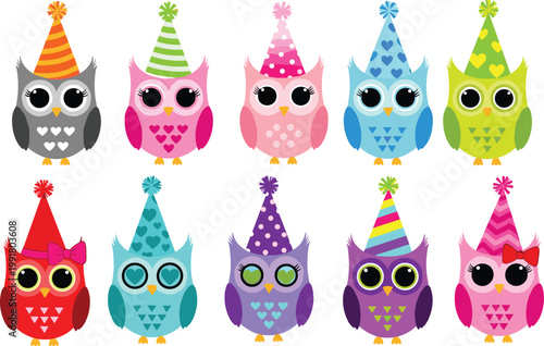 Vector Set of Colorful Party Owls with Fun Party Hats for Celebration, Birthday, and Animal Designs