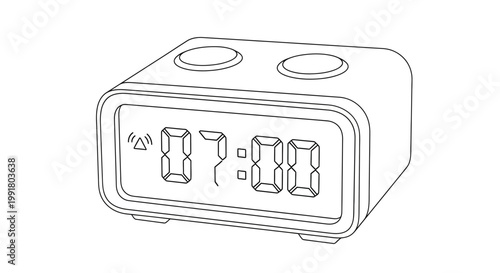 Digital alarm clock with 7:00 AM display, line art illustration