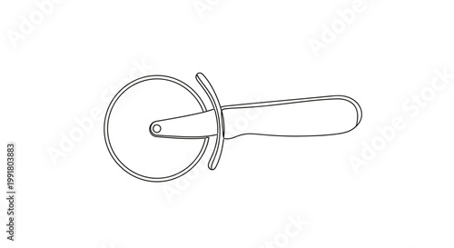 Pizza cutter kitchen utensil, simple line drawing, isolated on white background.