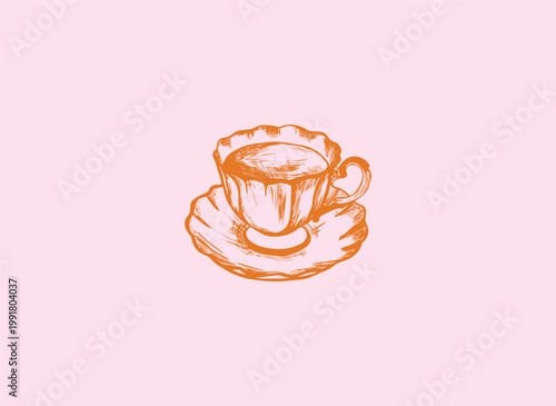 Vintage teacup with saucer engraving style illustration, pink retro porcelain cup line art vector. Illustration for invitations, stationery, or branding. Dinner icon for party invitations.